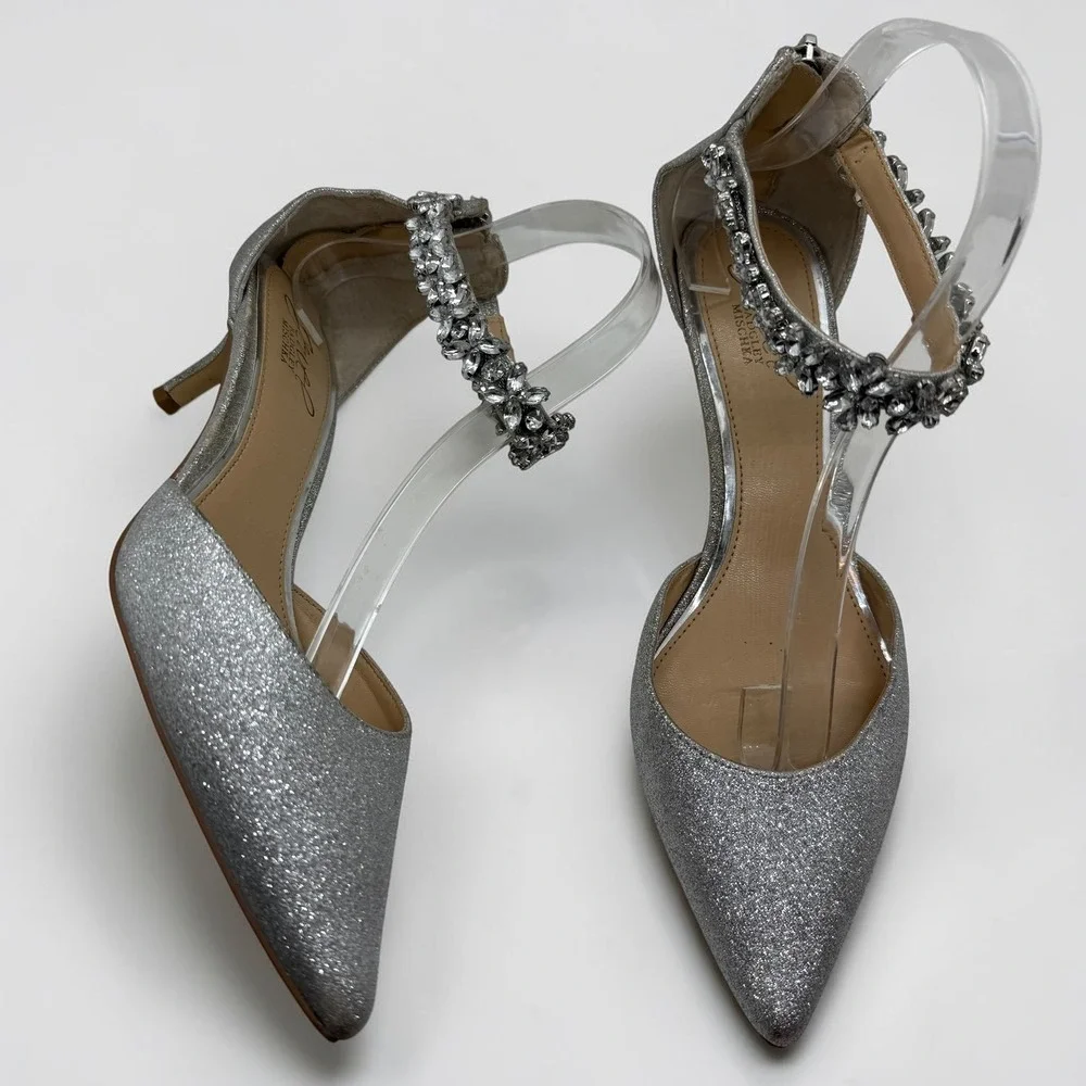 Jewel‎ Badgley Mischka Robles Kitten Heel Silver Glitter Crystal Ankle Strap 8.5